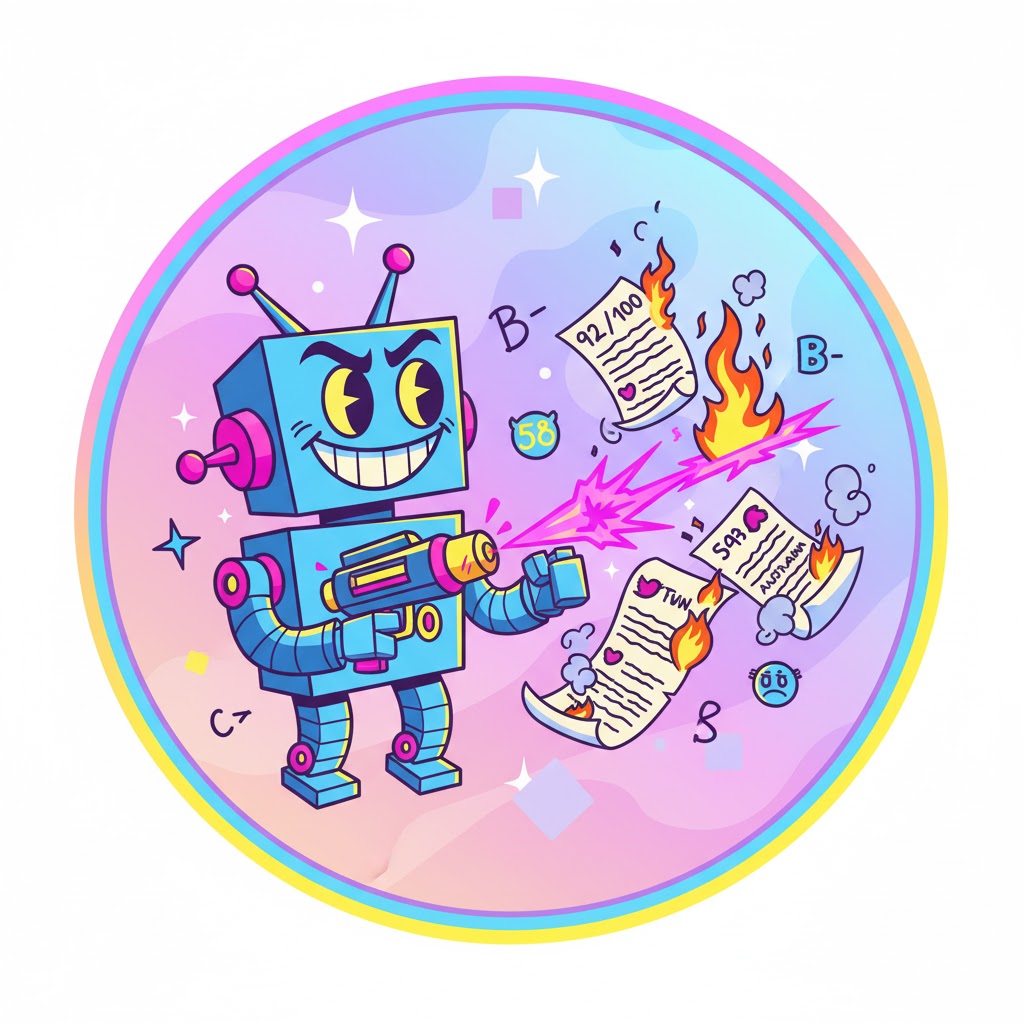 Cartoon robot in 1980s style grinning mischievously while roasting tweets