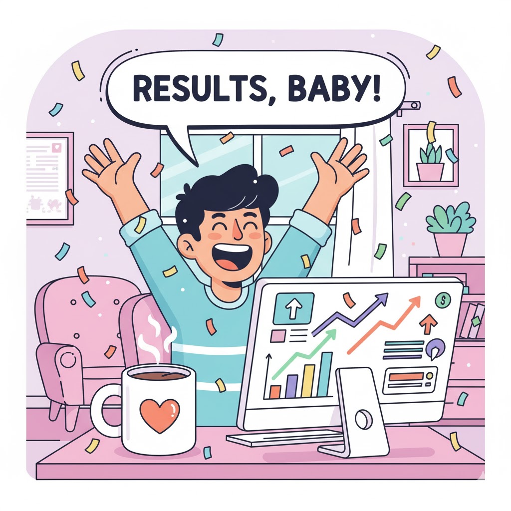 Happy person at desk with a screen full of trending analytics