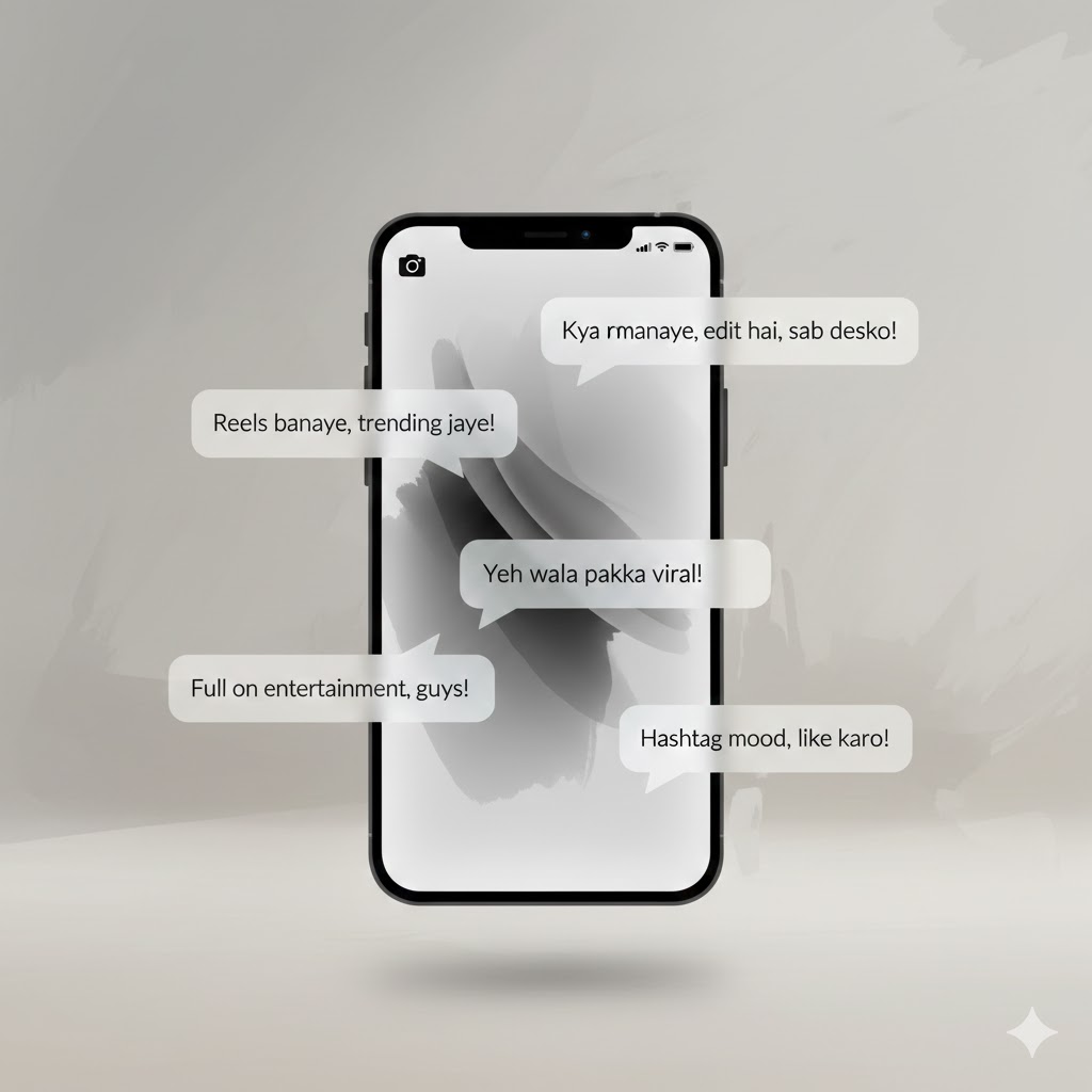 AI image showing a phone screen with Reels caption drafts in Hinglish text bubbles floating around