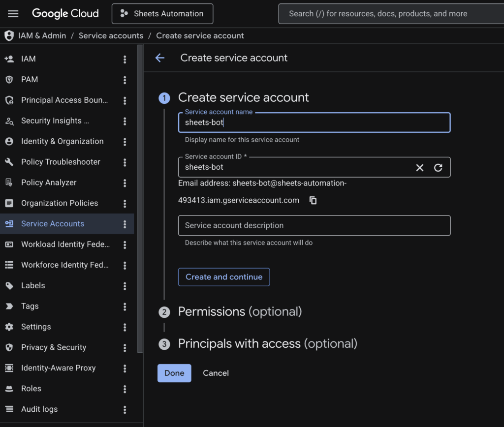 How to Automate Google Sheets with Python (Step-by-Step Guide + Free Script) 3 Google Cloud Service account