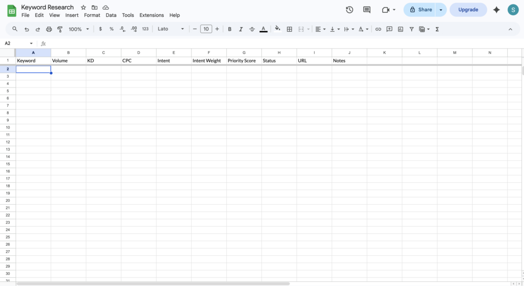 Keyword Research Blank Sheet