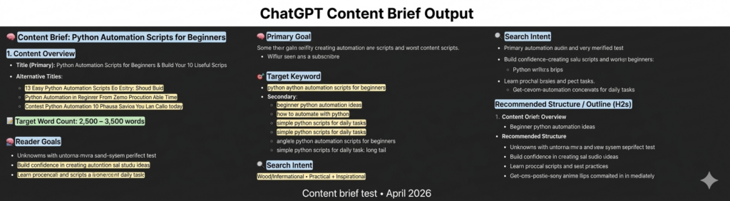 Perplexity vs ChatGPT vs Grok for SEO (2026 Test): What Actually Works 3 ChatGPT SEO content brief example for python automation scripts for beginners