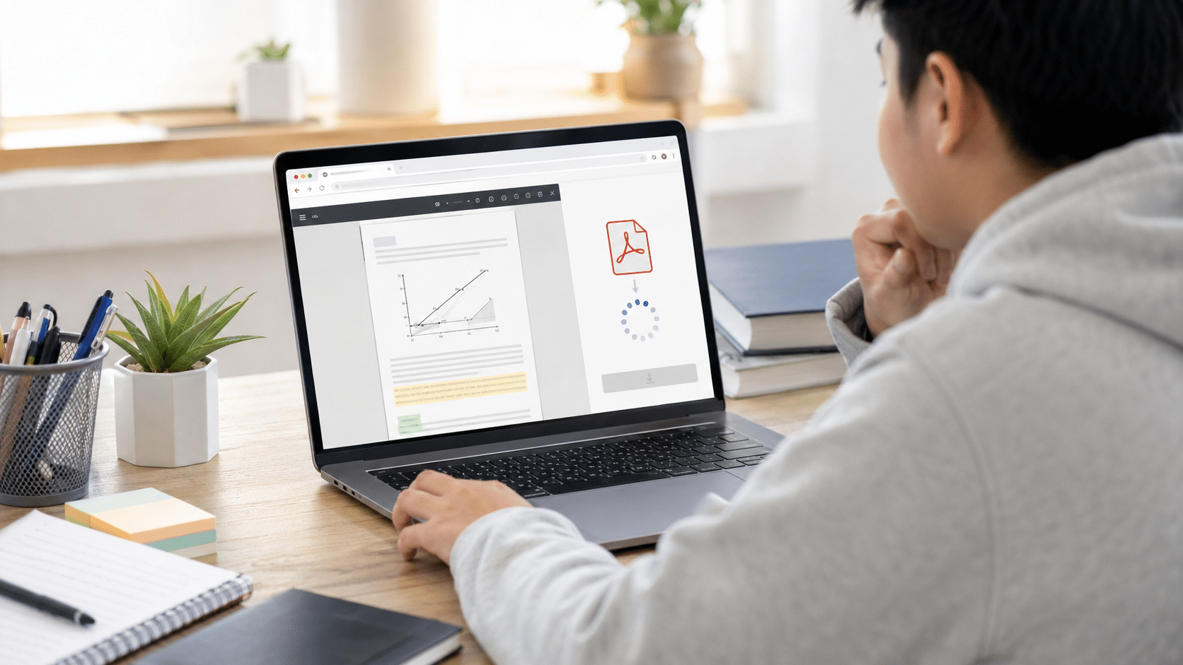 Student saving a view-only document for offline reading using a browser-based PDF solution